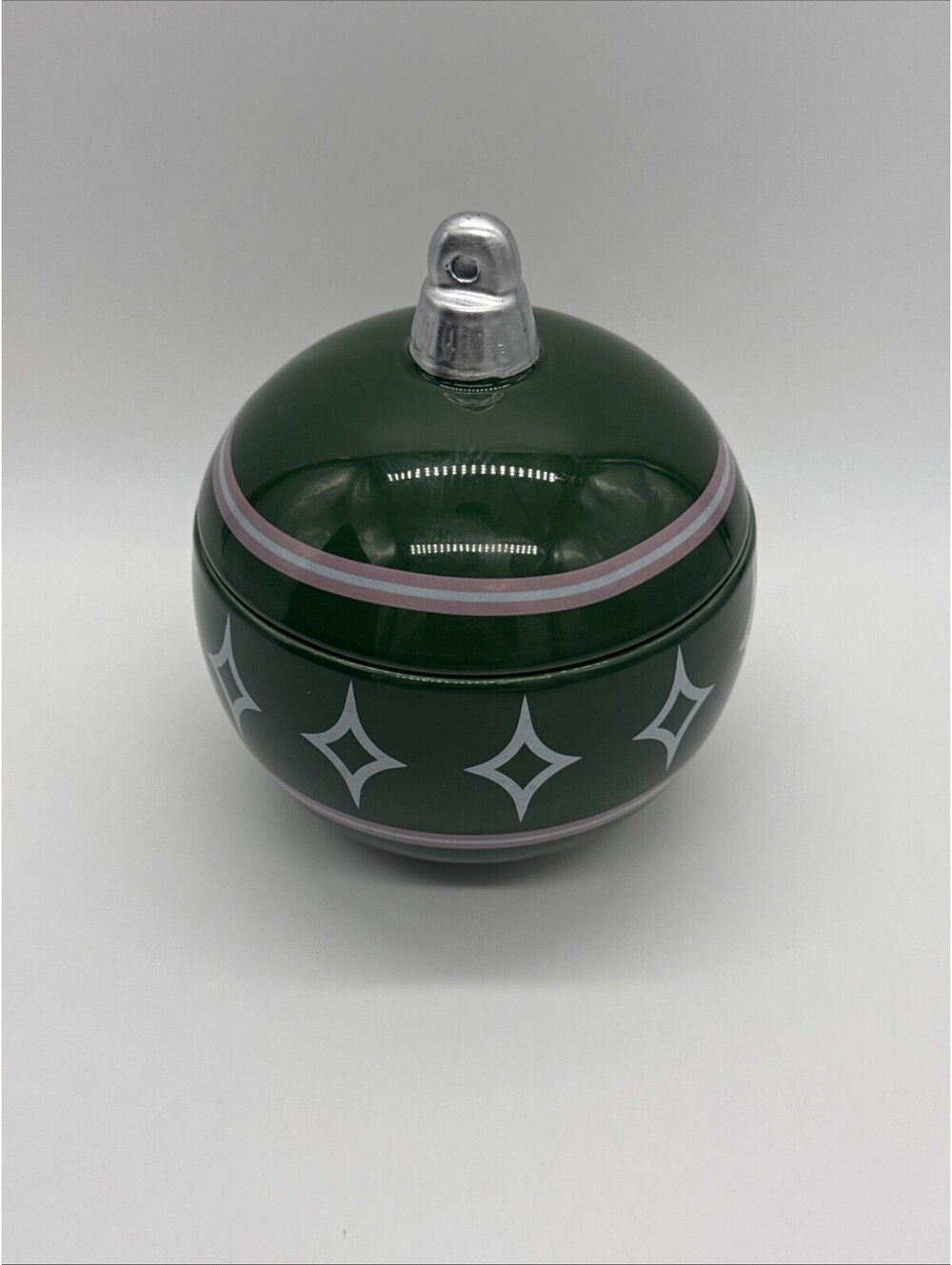 Ceramic Christmas Ornament Lidded Candy Jar Green Silver Starburst MCM Retro 6"